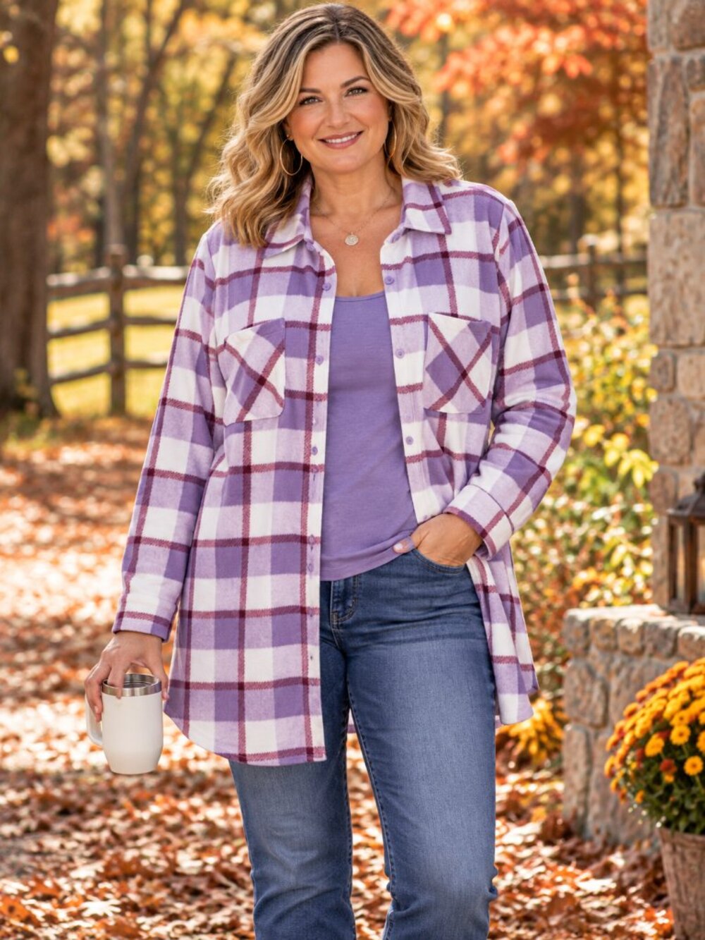 DENIM&CO Tunic w/Pockets French Terry Collared Snap Up White/Lavender Plaid 1X